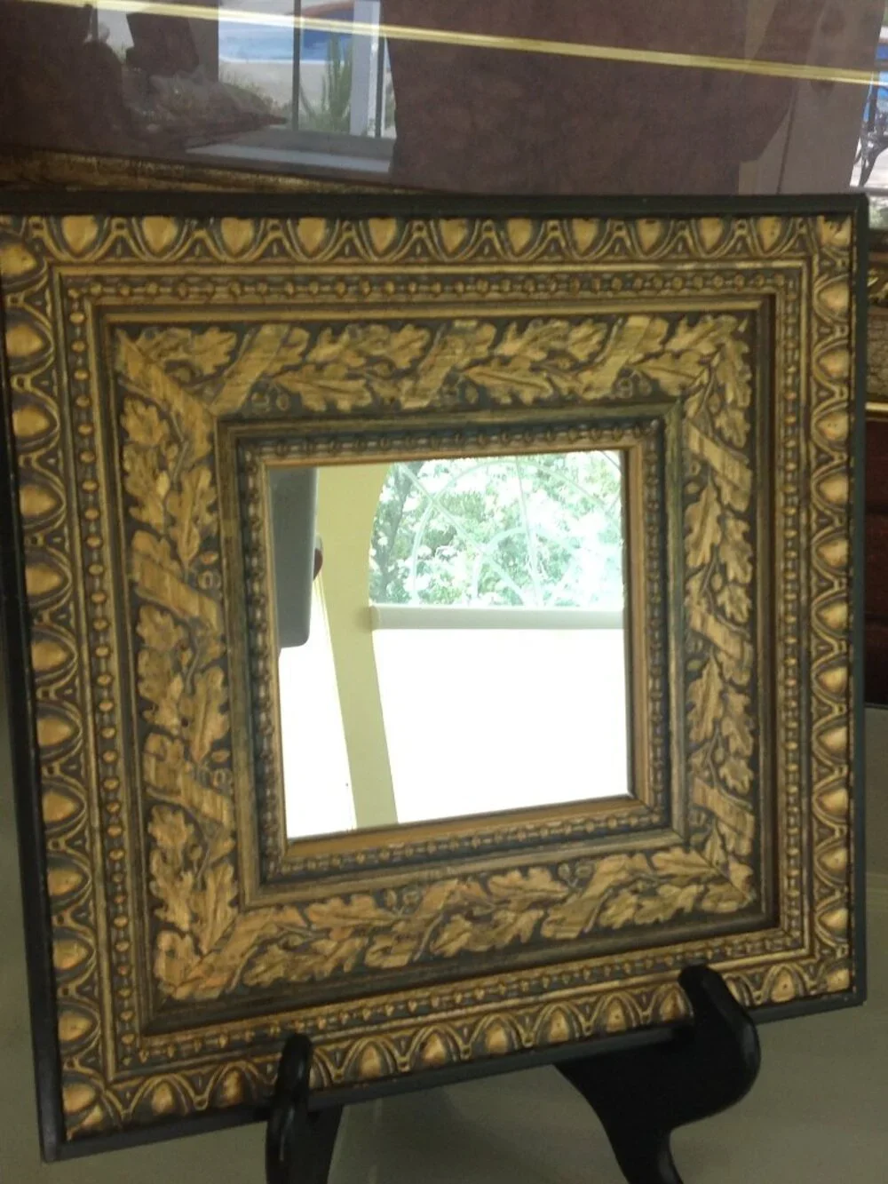 Vintage Square wall Mirror with Ornate, Heavily Textrued Black & Gold-Gilt Oak